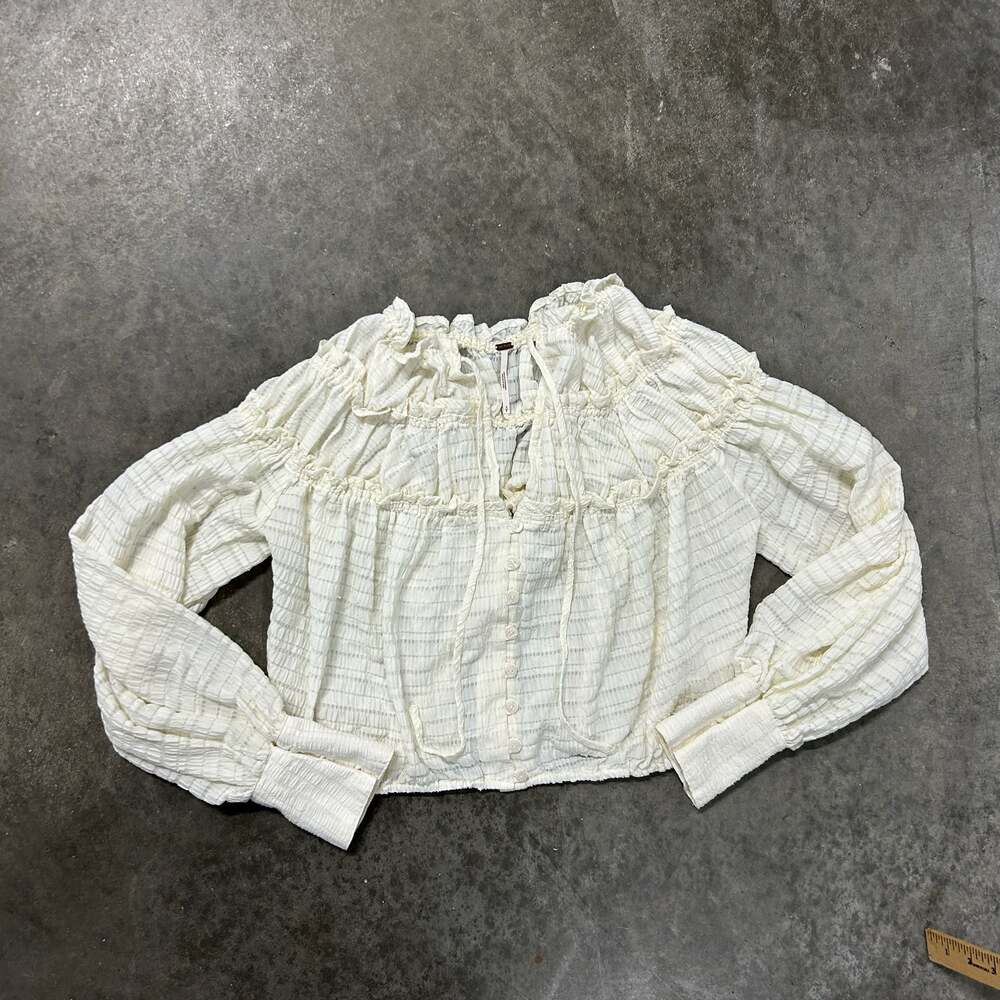 Free People Hailey Cropped Blouse Ivory Shadow-Striped Peasant Top Small